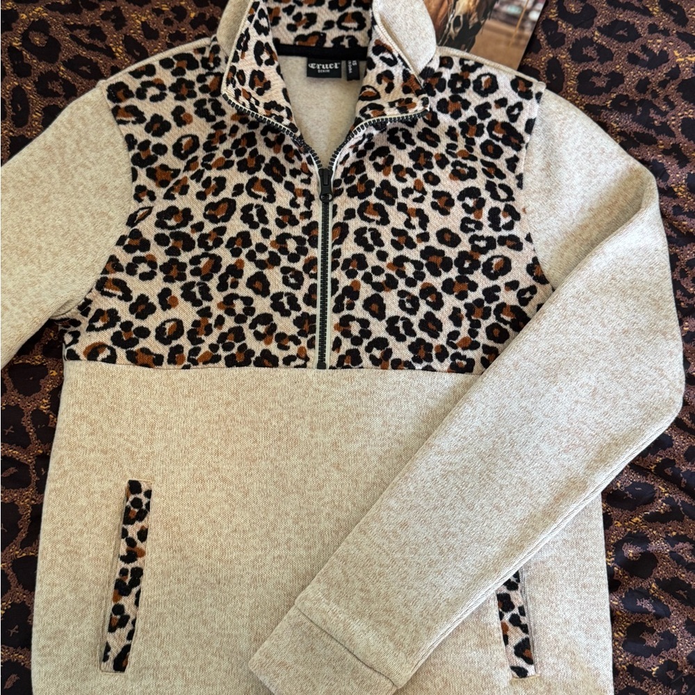 Cruel Denim Beige Half-Zip Pullover with Leopard Print Yoke -